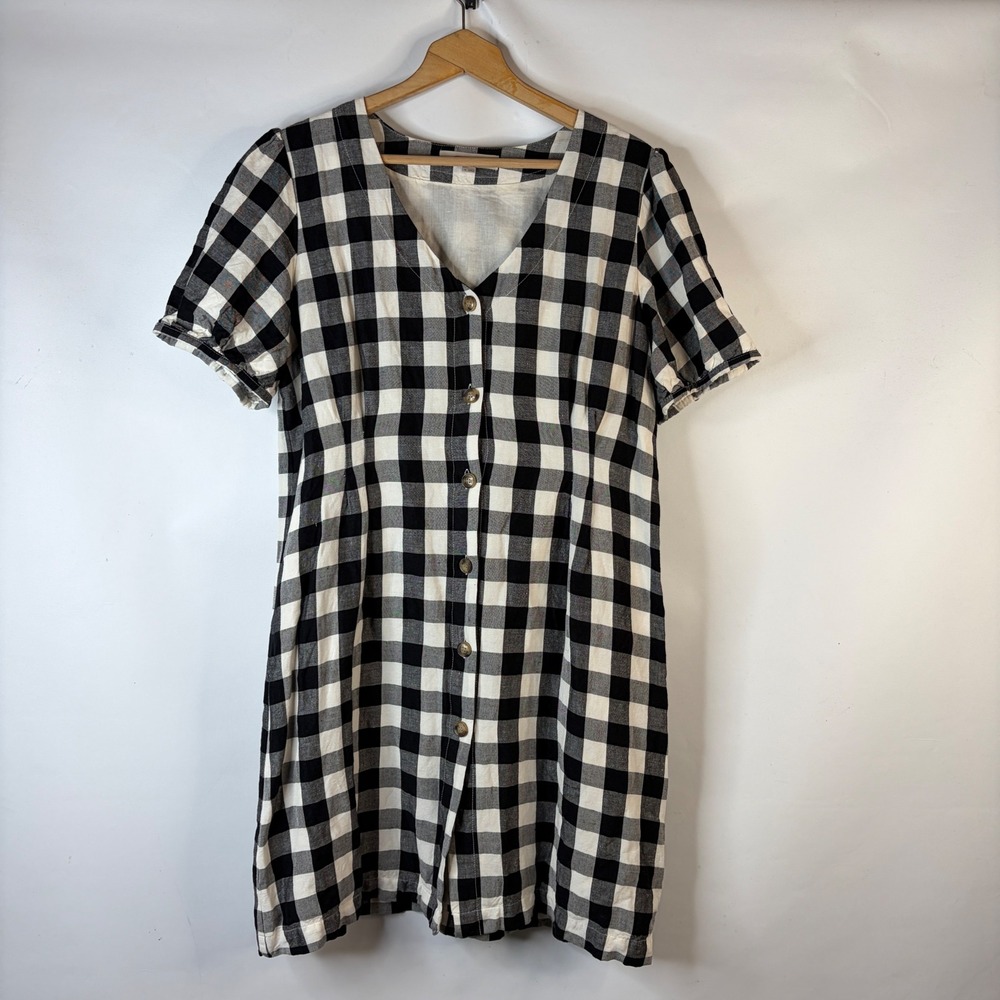 LOFT Dress Women 14 Black White Gingham Linen Blend Button Front Puff Sleeve